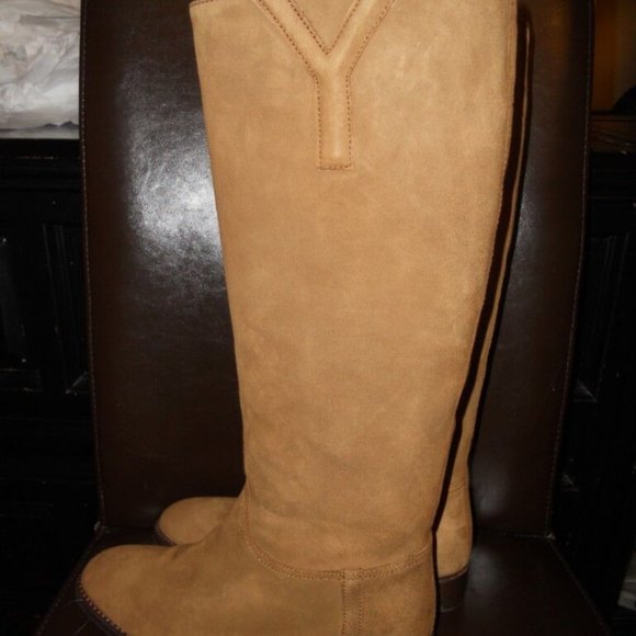 YSL Yves Saint Laurent CHYC Suede Knee High Flat Boots Tobacco Brown - Picture 6 of 10